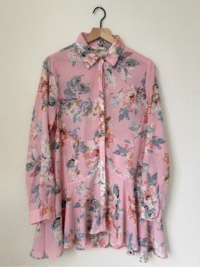 Entro Pink Floral Button-Down Long Blouse Size L
